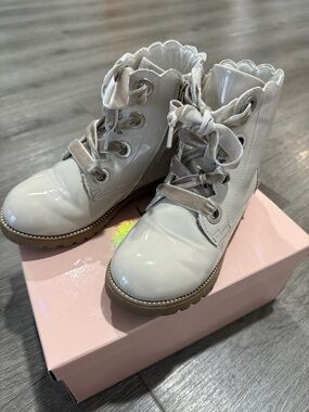 White Patent Lace-Up Girls Boots with Glitter Heel